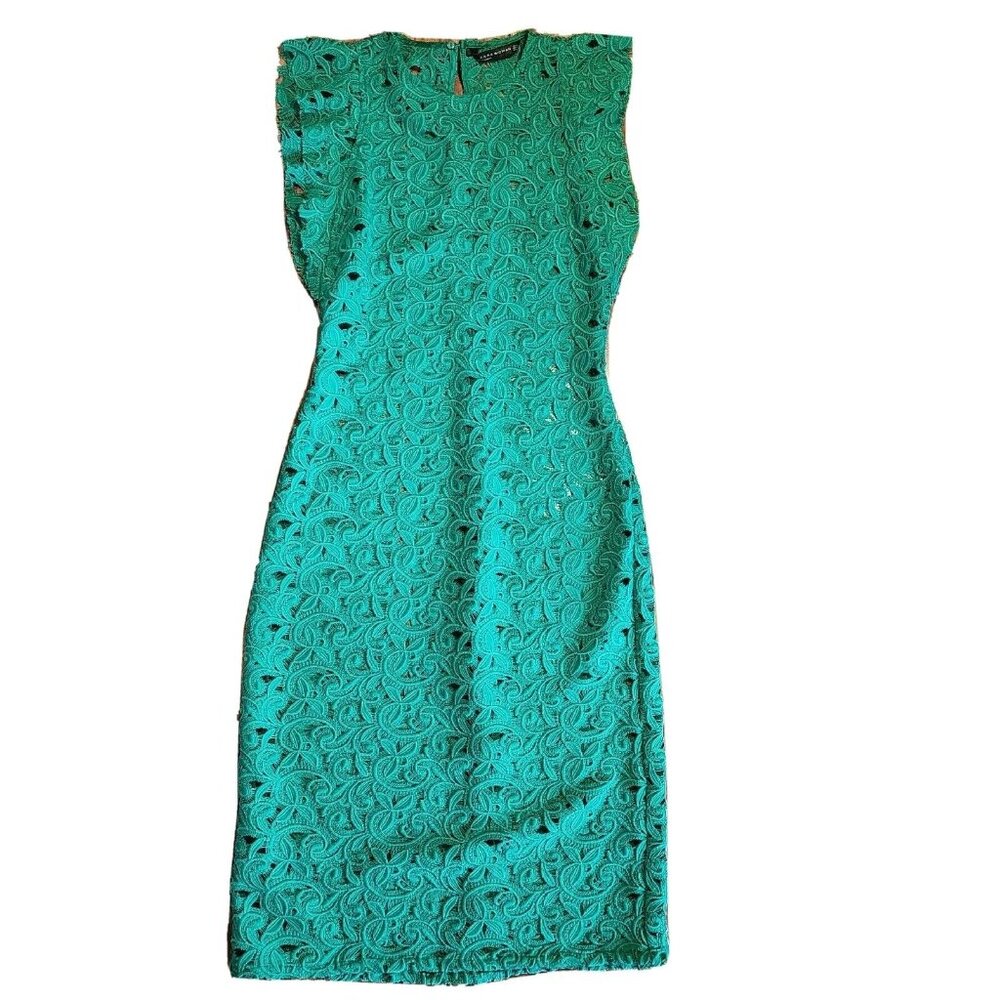 Zara Woman Dress Womens Size XS‎ Solid All Green Lace Short Sleeve Zip Back